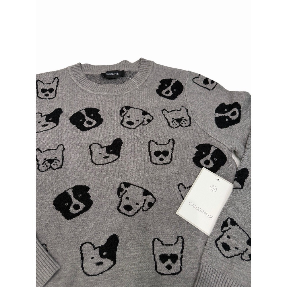 Anthropologie Calligraphie Novelty women's Sweater Dogs Print Grey Size M NWT - Picture 3 of 8